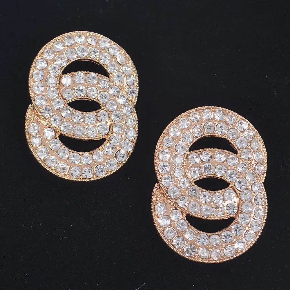 Gold Link Circle Rhinestone Earrings - Picture 3 of 5